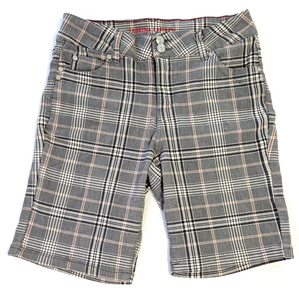 Sabrina Lauren Bermuda Shorts Grey Plaid Rhinestone Pockets Size 12 Stretch